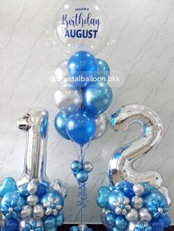 ลูกโป่ง วันเกิด ช่อ Bubble ขนาด 24" กลิตเตอร์สีเงิน 1 ช่อ ช่อ 10 ลูก พร้อมตกแต่ง ฟอยล์ตัวเลข ขนาด 40" ตั้งฐาน 2 ชิ้น พร้อมตกแต่ง สามารถเปลี่ยนสีลูกโป่ง/เปลี่ยนข้อความ/เปลี่ยนขนาดได้
