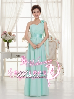 พร้อมเช่า ชุดราตรียาว เกาะอก ไหล่เดียว สีเขียว แอปเปิ้ล (สีเขียวอ่อน) * มี XXXL