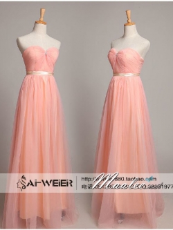 พร้อมเช่า ชุดราตรียาว เกาะอก ผ้าตาข่ายนิ่มทั้งชุด อกจับจีบ แซมด้วยแผงคริสตัล & คาดเอวริ้บบิ้นผูกโบว์ สีชมพูโอโรส (ซิปหลัง)