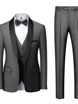 พร้อมเช่า ชุดสูททักซิโด้ สีเทา ปกกล้วย (พร้อมเสื้อกั๊ก) Tuxedo Suit with Shawl Collars