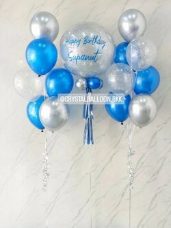 ลูกโป่ง วันเกิด Bubble ขนาด 24" กลิตเตอร์สีเงิน 1 ลูก พร้อม ช่อลูกโป่ง ช่อ 7 ลูก 2 ช่อ Theme สีน้ำเงินมุก-เงินโครเมี่ยม พร้อมตกแต่ง สามารถเปลี่ยนสีลูกโป่ง/เปลี่ยนข้อความ/เปลี่ยนขนาดได้