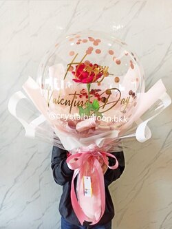 Flower Balloon Valentine's Day ดอกกุหลาบสีแดงประดิษฐ์ 1 ดอก Bubble ขนาด 18" สามารถใส่เงิน 30 ใบ พร้อมตกแต่ง สามารถเปลี่ยนข้อความ/เปลี่ยนสีได้