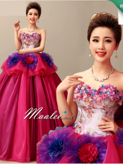 พร้อมเช่า ชุดแฟนซี ชุดราตรียาว แบบเกาะอก กระโปรงพองสวยสีม่วง แต่งดอก (เชือกผูกหลัง)