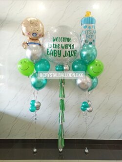 ลูกโป่ง Welcome Baby Theme สีเขียว Bubble ขนาด 36" กลิตเตอร์สีเงิน พร้อม ช่อลูกโป่งฟอยล์ขวดนม ช่อ 7 ลูก 1 ช่อ,ช่อลูกโป่งฟอยล์เด็ก ช่อ 7 ลูก 1 ช่อ พร้อมตกแต่ง สามารถเปลี่ยนสีลูกโป่ง/เปลี่ยนข้อความ/เปลี่ยนขนาด/เปลี่ยนฟอยล์ตกแต่งได้