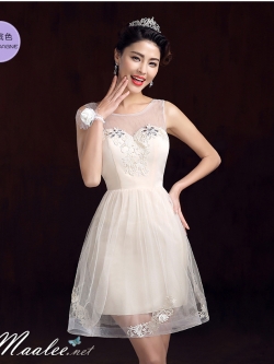 พร้อมส่ง ชุดราตรีสั้น แขนกุด แบบเรียบหรู แต่งผ้าตาข่ายแซมด้วยลูกไม้&คริสตัล สีครีม ครีม Champagne