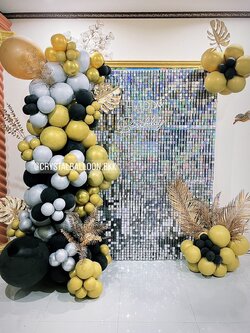 Organic Backdrop Happy Birthday ฉากวิบวับสีเงิน ขนาด 1.5x2 เมตร Theme ดำ-เงิน-ทอง พร้อม ป้ายตัวอักษรไฟ 1 ชิ้น,ประดับใบไม้ทอง พร้อมตกแต่ง สามารถเปลี่ยนสีลูกโป่งได้