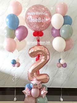 ลูกโป่ง วันเกิดเด็ก Bubble ขนาด 36" กลิตเตอร์สีแดง 1 ลูก พร้อม ช่อลูกโป่ง ช่อ 7 ลูก 2 ช่อ พร้อม ฟอยล์ตัวเลข ขนาด 40" สีโรสโกล ตั้งฐาน 1 ชิ้น พร้อมตกแต่ง สามารถเปลี่ยนสีลูกโป่ง/เปลี่ยนข้อความ/เปลี่ยนขนาดได้