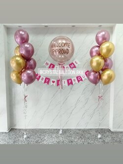 ลูกโป่ง Welcome Baby Bubble ขนาด 24" กลิตเตอร์สีโรสโกล พร้อม ช่อลูกโป่งสีโครเมี่ยม ช่อ 7 ลูก 2 ช่อ,ป้ายธงสลับสี 19 ตัวอักษร พร้อมตกแต่ง สามารถเปลี่ยนสีลูกโป่ง/้เปลี่ยนข้อความ/เปลี่ยนขนาด/เปลี่ยนสี-ป้ายธงได้