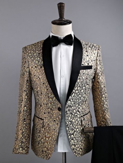 พร้อมเช่า ชุดสูท เสื้อสูทชาย สีทอง ปกทักซิโด้ ทอลาย3มิติ กับกางเกงสีดำ