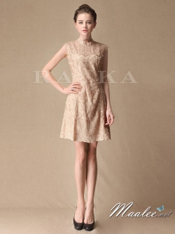 พร้อมเช่า ชุดราตรีสั้น ลูกไม้สี Apricot แขนกุด ดูชุดจริงภาพล่างสุด