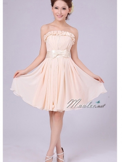 พร้อมส่ง ชุดราตรีสั้น เกาะอก สีครีม จับจีบแต่งระบาย ช่วยเสริมหน้าอก