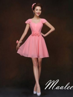 พร้อมเช่า ชุดราตรีสั้น สีโอโรส ผ้าชีฟอง อกจับจีบแต่งดอกช่วงเอว แขนใส่ได้ 2แบบ แขนกุด/ปิดไหล่ (เชือกผูกหลัง)