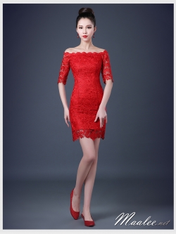 พร้อมส่ง ชุดราตรีสั้น สีแดง ลูกไม้ทัั้งตัว เปิดไหล่ แขนสามส่วน เข้ารูปสวย