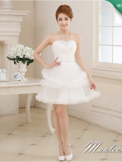 พร้อมเช่า ชุดแฟนซี ชุดราตรีสั้น สีขาว เกาะอก กระโปรงระบายเป็นชั้น ๆ ซิปหลัง