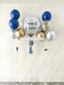ลูกโป่ง อำลา Bubble ขนาด 24" กลิตเตอร์สีเงิน 1 ลูก พร้อม ช่อลูกโป่ง ช่อ 5 ลูก 2 ช่อ Theme สี Dark Blue-คามิเลียโครเมี่ยม พร้อมตกแต่ง สามารถเปลี่ยนสีลูกโป่ง/เปลี่ยนข้อความ/เปลี่ยนขนาดได้