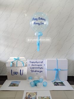 Happy Birthday Surprise Box กล่องเซอร์ไพรส์วันเกิด Bubble ขนาด 24" กลิตเตอร์สีฟ้ามุก พร้อมตกแต่ง สามารถใส่รูปได้ 4 ใบ สามารถเปลี่ยนสีลูกโป่ง/เปลี่ยนข้อความได้
