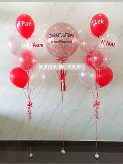 ลูกโป่ง แสดงความยินดี Bubble ขนาด 24" กลิตเตอร์สีแดง 1 ลูก พร้อม ช่อลูกโป่ง ช่อ 7 ลูก 2 ช่อ พร้อมตกแต่ง สามารถเปลี่ยนสีลูกโป่ง/เปลี่ยนข้อความ/เปลี่ยนขนาดได้