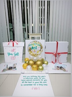 Happy Birthday Surprise Box กล่องเซอร์ไพรส์วันเกิด Theme สีทอง-เขียว Bubble ตั้งฐาน พร้อมตกแต่ง สามารถใส่รูปได้ 2 ใบ สามารถเปลี่ยนสีลูกโป่ง/เปลี่ยนข้อความได้