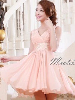 พร้อมส่ง ชุดราตรีสั้น แขนกุด สีชมพู คอวีหน้า หลัง จับเดรปสวย คาดเอวผ้าซาติน