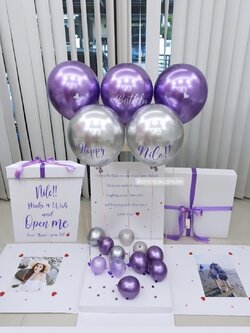 Happy Birthday Surprise Box กล่องเซอร์ไพรส์วันเกิด Theme สีม่วง พร้อมตกแต่ง ช่อลูกโป่ง 1 ช่อ,สามารถใส่รูปได้ 2 ใบ สามารถเปลี่ยนสีลูกโป่ง/เปลี่ยนข้อความได้