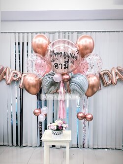 ลูกโป่ง วันเกิด Bubble ขนาด 24" Theme โรสโกล พร้อม ฟอยล์ตัวอักษร Happy Birthday พร้อม ช่อลูกโป่ง ช่อ 5 ลูก 2 ช่อ,ลูกโป่งลายหิน USA 2 ลูก,ลูกโป่งใส ใส่ Confetti พร้อมตกเเต่ง สามารถเปลี่ยนสีลูกโป่ง/เปลี่ยนข้อความ/เปลี่ยนขนาดได้