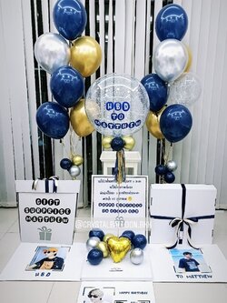 Happy Birthday Surprise Box กล่องเซอร์ไพรส์วันเกิด Bubble ขนาด 24" สีน้ำเงิน-ทอง ยอดนิยม พร้อมตกแต่ง ช่อลูกโป่ง 2 ช่อ,ลูกโป่งใส ใส่กลิตเตอร์,สามารถใส่รูปได้ 4 ใบ สามารถเปลี่ยนสีลูกโป่ง/เปลี่ยนข้อความได้