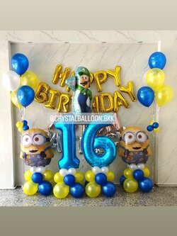 ลูกโป่ง วันเกิดเด็ก ฟอยล์ตัวอักษร Happy Birthday 16" สีทอง 1 ชิ้น พร้อม ฟอยล์มินเนี่ยน ตั้งฐาน 2 ชิ้น,ฟอยล์มาริโอ้ 1 ชิ้น,ช่อลูกโป่ง ช่อ 5 ลูก 2 ช่อ,ฟอยล์ตัวอักษรชื่อ 12 ตัวอักษร,ฟอยล์ตัวเลข 40" ตั้งฐาน 2 ชิ้น พร้อมตกแต่ง สามารถเปลี่ยนสีลูกโป่งไ