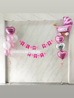 ลูกโป่ง Welcome Baby Girl ช่อฟอยล์รถเข็น+ฟอยล์หัวใจ ขนาด 18" 3 ชิ้น ช่อ 4 ชิ้น 1 ช่อ พร้อม ช่อลูกโป่งฟอยล์หัวใจ ขนาด 18" ช่อ 8 ลูก 1 ช่อ,ป้ายธง 15 ตัวอักษร พร้อมตกแต่ง สามารถเปลี่ยนสีลูกโป่ง/เปลี่ยนข้อความ/เปลี่ยนสี-ฟอยล์ตกแต่งได้