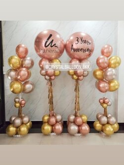 เสาลูกโป่ง เปิดงาน Bubble ขนาด 36" กลิตเตอร์สีโรสโกลด์ 2 เสา พร้อม เสาช่อลูกโป่งแบบลม ลอยนาน ช่อละ 10 ลูก 2 เสา พร้อมตกแต่ง สามารถเปลี่ยนสีลูกโป่ง/เปลี่ยนข้อความได้
