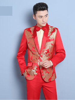 Pre-order ชุดสูทจีนชาย สีแดงปกคอแดง พิมพ์ลายกราฟฟิก