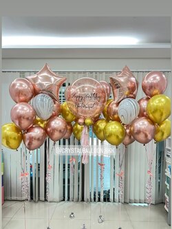 ลูกโป่ง วันเกิด Bubble ขนาด 24" Theme โรสโกลโครเมี่ยม พร้อม ช่อลูกโป่งฟอยล์ดาว 24" 2 ช่อ,ลูกโป่งลายหิน USA 2 ลูก,ลูกโป่งโครเมี่ยม ช่อ 5 ลูก 4 ช่อ พร้อมตกเเต่ง สามารถเปลี่ยนสีลูกโป่ง/เปลี่ยนข้อความ/เปลี่ยนขนาดได้