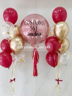 ลูกโป่ง วันครบรอบ Bubble ขนาด 24" กลิตเตอร์สีแดง พร้อม ช่อลูกโป่ง ช่อ 7 ลูก 2 ช่อ Theme แดง - ทอง พร้อมตกเเต่ง สามารถเปลี่ยนสีลูกโป่ง/เปลี่ยนข้อความ/เปลี่ยนขนาดได้