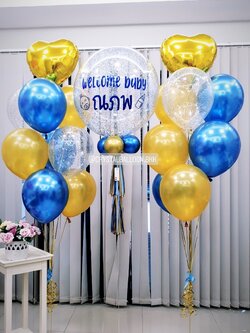 ลูกโป่ง Welcome Baby Boy Bubble ขนาด 24" Theme สีทอง-สีน้ำเงิน พร้อมตกแต่ง ช่อลูกโป่ง 2 ช่อ,ลูกโป่งใส ใส่กลิตเตอร์,ฟอยล์หัวใจ ขนาด 18" 2 ชิ้น สามารถเปลี่ยนสีลูกโป่ง/เปลี่ยนสี-ฟอยล์ตกแต่ง/เปลี่ยนข้อความได้