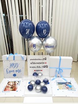 Happy Birthday Surprise Box กล่องเซอร์ไพรส์ Theme Dark Blue-เงิน พร้อมตกแต่ง ลูกโป่ง 4 ลูก,สามารถใส่รูปได้ 2 ใบ สามารถเปลี่ยนสีลูกโป่ง/เปลี่ยนข้อความได้