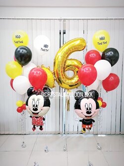 ลูกโป่ง วันเกิดเด็ก Theme Mickey Mouse และ Minnie Mouse พร้อม ช่อลูกโป่ง 7 ลูก 2 ช่อ พร้อมตกแต่ง ฟอยล์ตัวเลข ขนาด 40"+พู่,ฟอยล์พระอาทิตย์ 1 ชิ้น สามารถเปลี่ยนสีลูกโป่ง/เปลี่ยนข้อความ/เปลี่ยนสี-ฟอยล์ตัวเลข/เปลี่ยนสี-ฟอยล์ตกแต่งได้