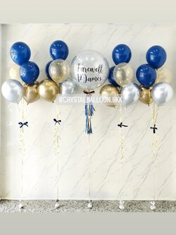 ลูกโป่ง อำลา Bubble ขนาด 24" กลิตเตอร์สีเงิน 1 ลูก พร้อม ช่อลูกโป่ง ช่อ 5 ลูก 4 ช่อ Theme Dark Blue-คามีเลียโครเมี่ยม พร้อมตกแต่ง สามารถเปลี่ยนสีลูกโป่ง/เปลี่ยนข้อความ/เปลี่ยนขนาดได้