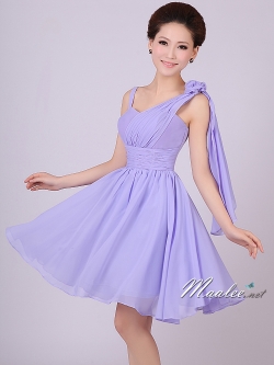 พร้อมส่ง ชุดราตรีสั้น เกาะอก ไหล่เดียว สีม่วง Lavender คาดผ้าจับเดรป ทิ้งชายด้านหลัง