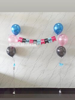 ลูกโป่ง แสดงความยินดี ช่อลูกโป่ง ช่อ 3 ลูก 2 ช่อ พร้อม ป้ายธง ติดผนัง 10 ตัวอักษร Theme น้ำเงิน-ชมพู พร้อมตกแต่ง สามารถเปลี่ยนสีลูกโป่ง/เปลี่ยนข้อความ/เปลี่ยนสี-ป้ายธงได้