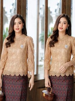 Pro-order ชุดเช่า ชุดไทยคุณแม่ เสื้อลูกไม้สีทอง คอปีน ผ้าซิ่น แยกชิ้น เรียบหรู **สามารถเลือกเปลี่ยนกระโปรงแบบที่ต้องการได้**