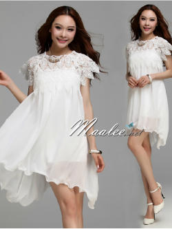 พร้อมส่ง ชุดเดรสสั้น ลูกไม้สีขาว ผ้าชีฟองชายย้วย ทรงผีเสื้อ (ฟรีไซส์)