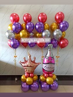 ลูกโป่ง อำลา ช่อลูกโป่งสีโครเมี่ยม ช่อ 7 ลูก 4 ช่อ พร้อม ฟอยล์มงกุฎ ตั้งฐาน 1 ชิ้น,ฟอยล์ขวดไวน์ ตั้งฐาน 1 ชิ้น พร้อมตกแต่ง สามารถเปลี่ยนสีลูกโป่ง/เปลี่ยนสี-ฟอยล์ตกแต่งได้
