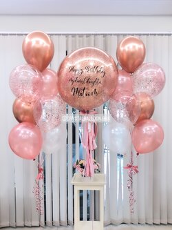 ลูกโป่ง วันเกิด Bubble ขนาด 24" สีโรสโกล พร้อม ช่อลูกโป่ง ช่อ 7 ลูก 2 ช่อ,ลูกโป่งใส ใส่กลิตเตอร์ พร้อมตกเเต่ง สามารถเปลี่ยนสีลูกโป่ง/เปลี่ยนข้อความ/เปลี่ยนขนาดได้
