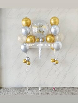 ลูกโป่ง วันเกิด Bubble ขนาด 24" กลิตเตอร์สีเงิน 1 ลูก พร้อม ช่อลูกโป่งสีโครเมี่ยม ช่อ 7 ลูก 2 ช่อ พร้อมตกแต่ง สามารถเปลี่ยนสีลูกโป่ง/เปลี่ยนข้อความ/เปลี่ยนขนาดได้
