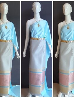 เช่า ชุดไทย ชุดเพื่อนเจ้าสาว ชุดไทยผ้าซิ่นสีเทาเงิน สไบเรียบสีฟ้า