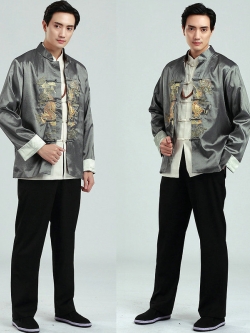 Pre-order ชุดจีน ชาย เสื้อคอจีน ผ้าไหมจีน สีเทา ปักลายมังกร