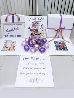 Happy Birthday Surprise Box กล่องเซอร์ไพรส์วันเกิด Bubble ขนาด 18" ตั้งฐาน Theme สีม่วง พร้อมตกแต่ง สามารถใส่รูปได้ 3 ใบ สามารถเปลี่ยนสีลูกโป่ง/เปลี่ยนข้อความได้