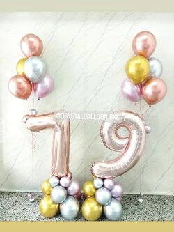 ลูกโป่ง วันเกิด ฟอยล์ตัวเลข ขนาด 40" ตั้งฐาน 2 ชิ้น พร้อม ช่อลูกโป่งสีโครเมี่ยม ช่อ 5 ลูก 2 ช่อ Theme สีโรสโกล พร้อมตกแต่ง สามารถเปลี่ยนสีลูกโป่ง/เปลี่ยนสี-ฟอยล์ตัวเลขได้