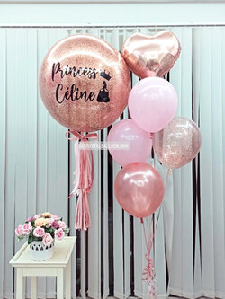 ลูกโป่ง Welcome Baby Girl Bubble ขนาด 24" สีโรสโกล พร้อมตกแต่ง ช่อลูกโป่งฟอยล์หัวใจ ขนาด 18" 1 ช่อ,ลูกโป่งใส ใส่กลิตเตอร์ สามารถเปลี่ยนสีลูกโป่ง/เปลี่ยนข้อความ/เปลี่ยนสี-ฟอยล์ตกแต่ง/เปลี่ยนขนาดได้