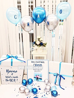 Surprise Box กล่องเซอร์ไพรส์วันเกิด โทนสี ฟ้า-น้ำเงิน พร้อมตกแต่ง ช่อลูกโป่ง 1 ช่อ,สามารถใส่รูปได้ 2 ใบ สามารถเปลี่ยนสีลูกโป่ง/เปลี่ยนข้อความได้