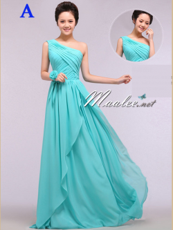 พร้อมเช่า ชุดราตรียาว ชุดเพื่อนเจ้าสาว สีฟ้ามิ้นต์ แบบ A ไหล่เดียว แต่งระบายด้านหน้า